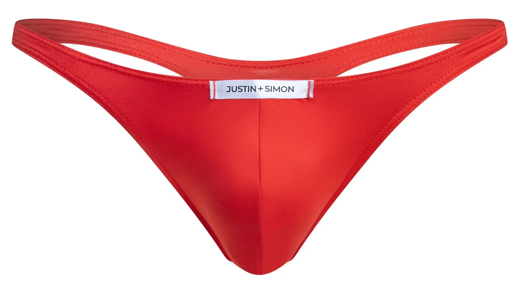 Bright red satin fabric thong with smooth texture and justin plus simon label in classic xsj03 style