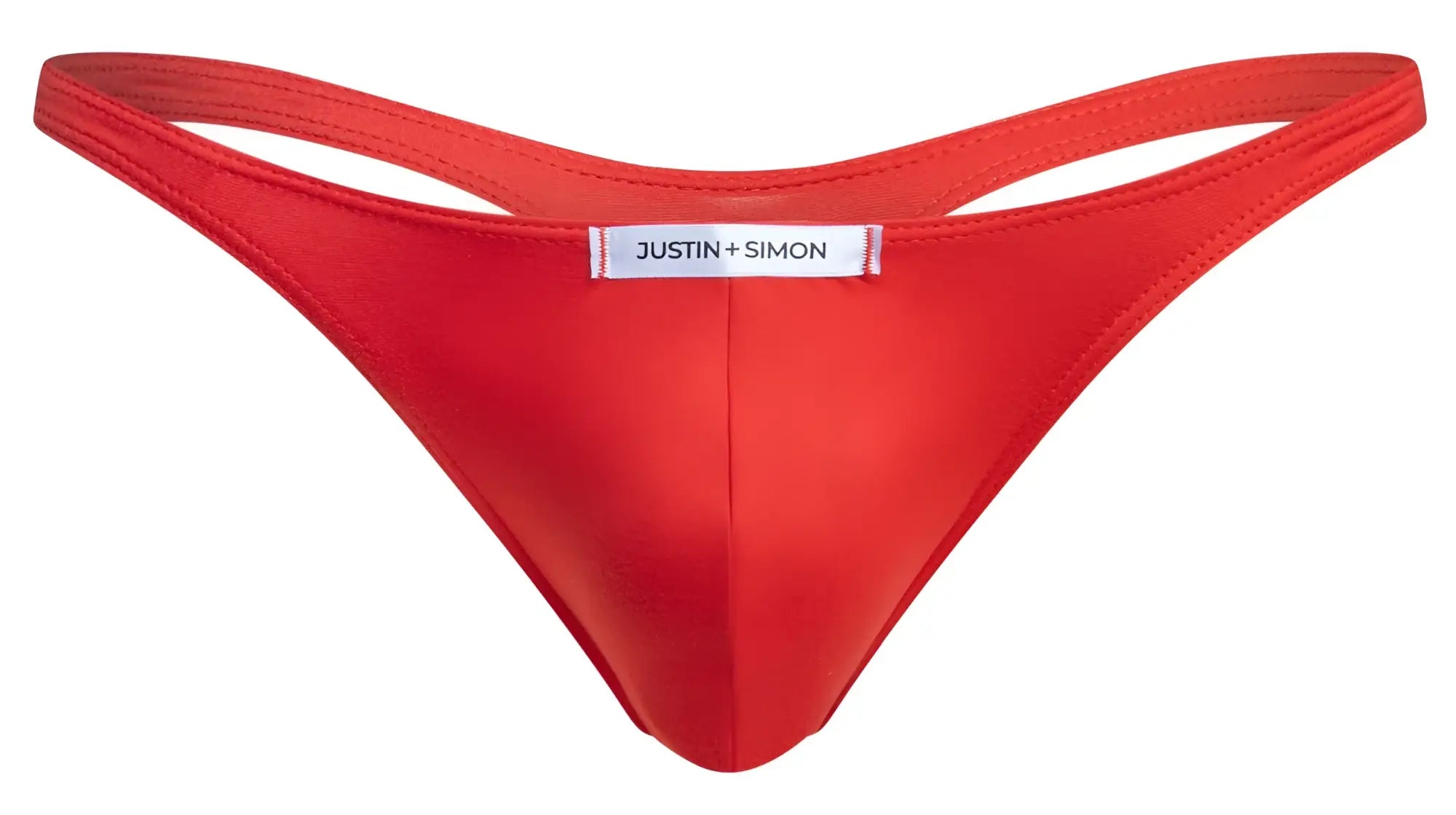 Bright red satin fabric thong with smooth texture and justin plus simon label in classic xsj03 style