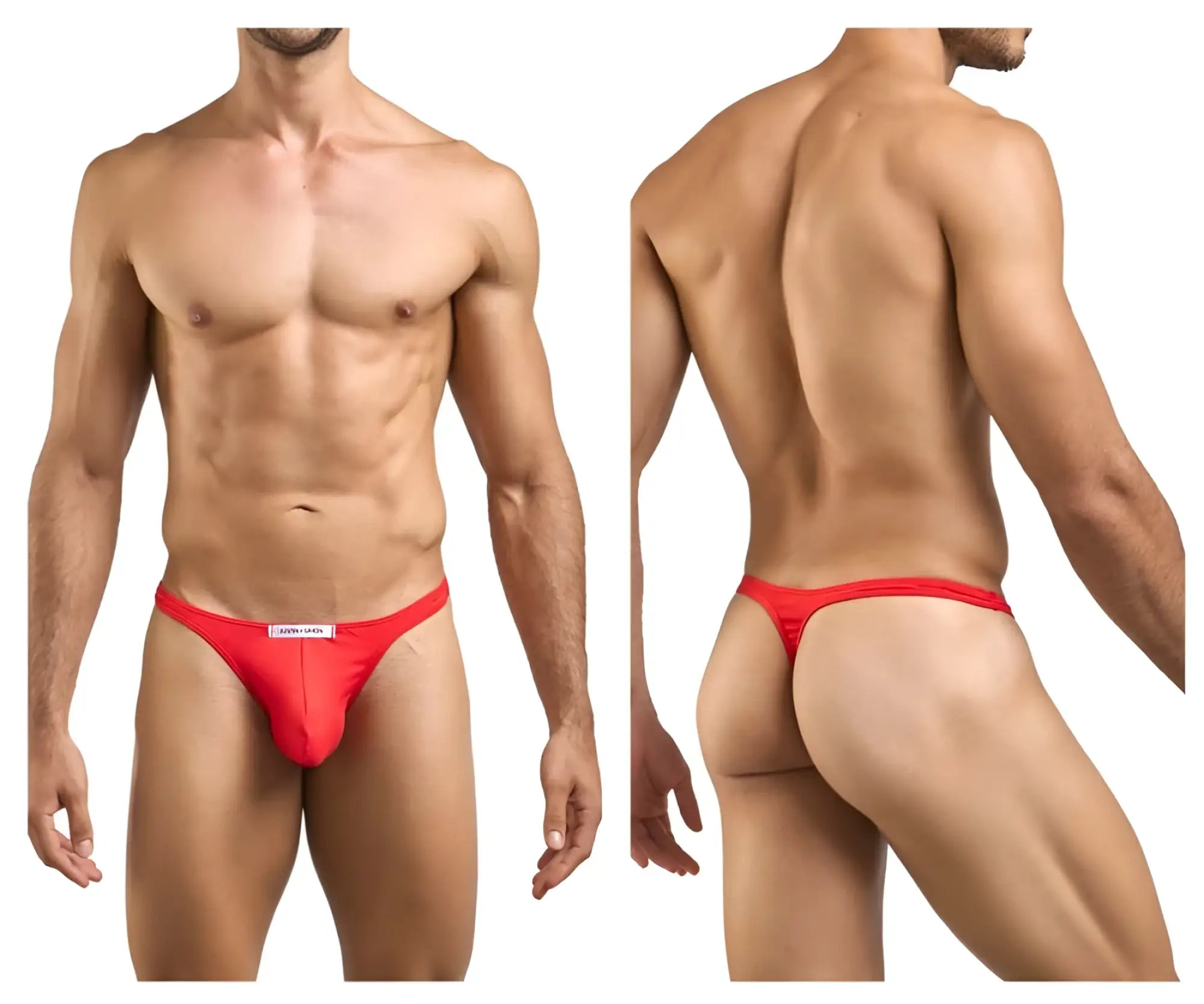 Justin Simon XSJ03 classic red thong with a white label at the front in peach red color