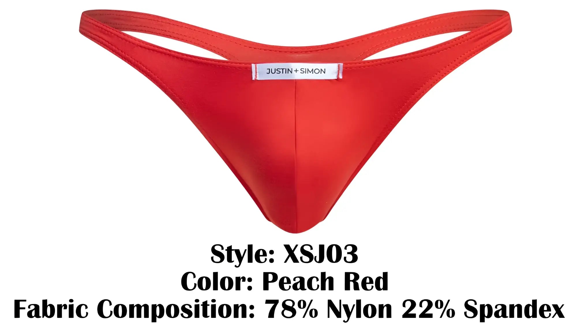 A vibrant peach red classic thong made of stretchy nylon spandex blend with justin + simon brand label center front