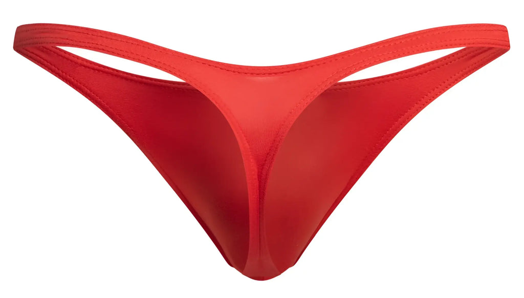 A vibrant red justin simon xsj03 classic thong made of smooth stretchy fabric with a sleek minimalist design