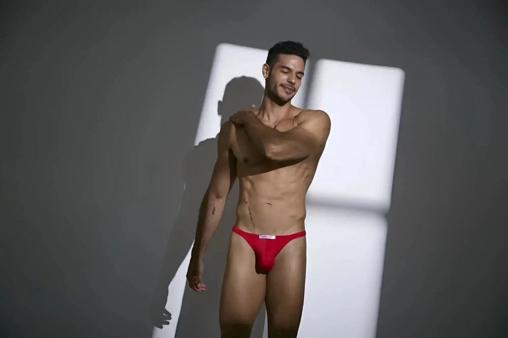 Justin Simon XSJ03 classic peach red briefs with white logo on waistband designed for comfortable everyday wear