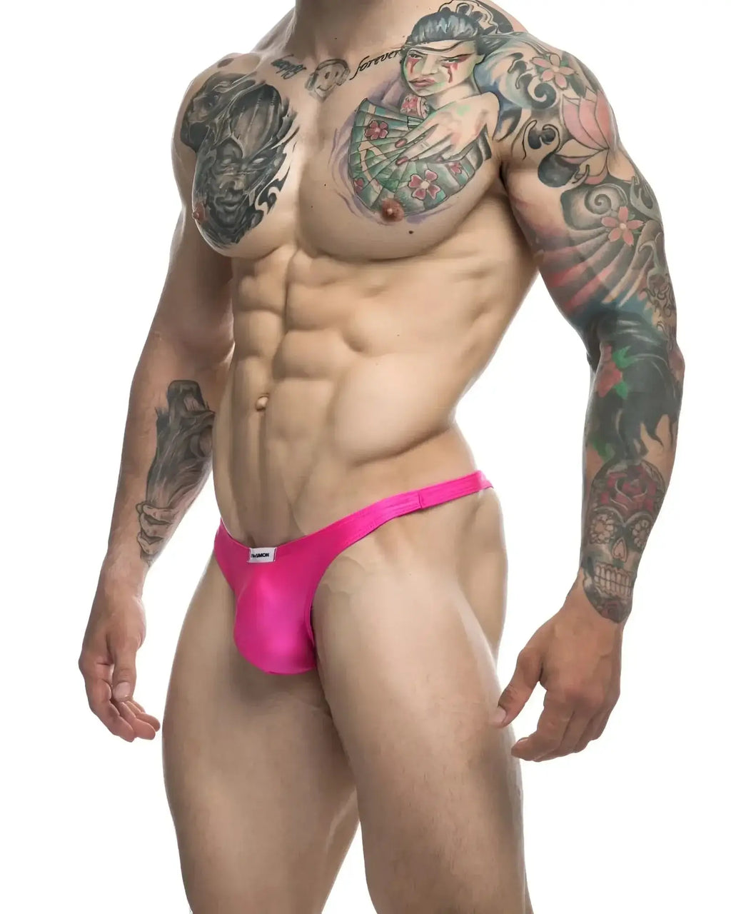 Justin plus Simon xsj03 bright pink form-fitting classic thongs with white brand tag at waistband front view