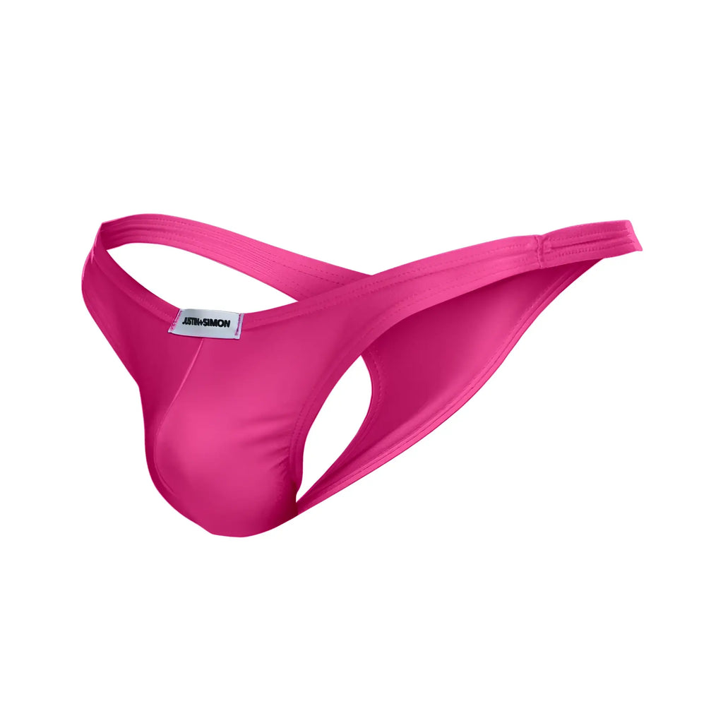 Bright pink seamless fabric thong with branded label from JUSTIN SIMON XSJ03 classic thongs collection