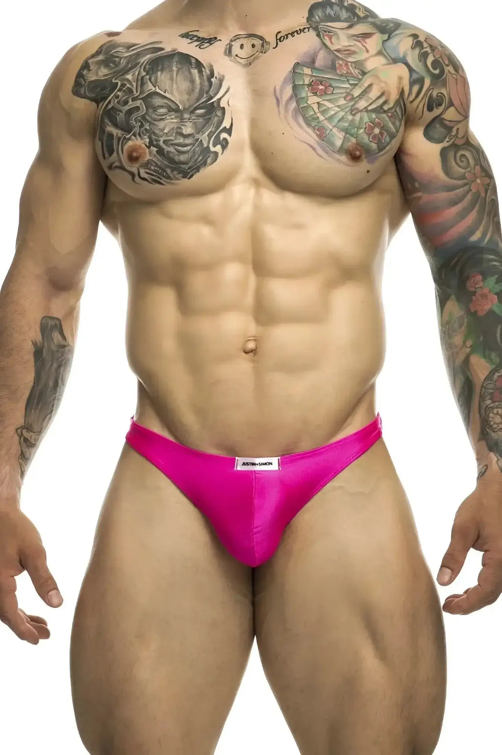 Bright pink satin classic thong briefs with white brand tag at waistband from justin simon xsj03 collection