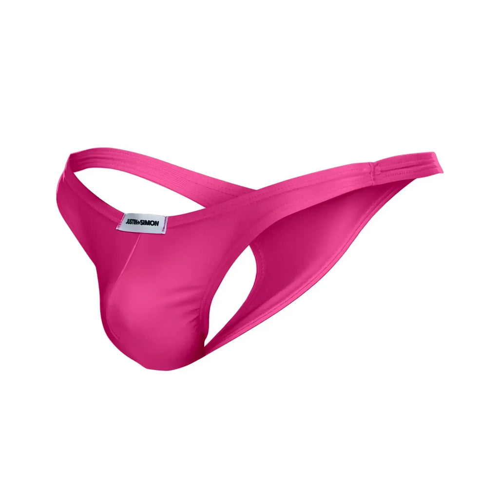 Bright pink seamless fabric thong with branded label from JUSTIN SIMON XSJ03 classic thongs collection