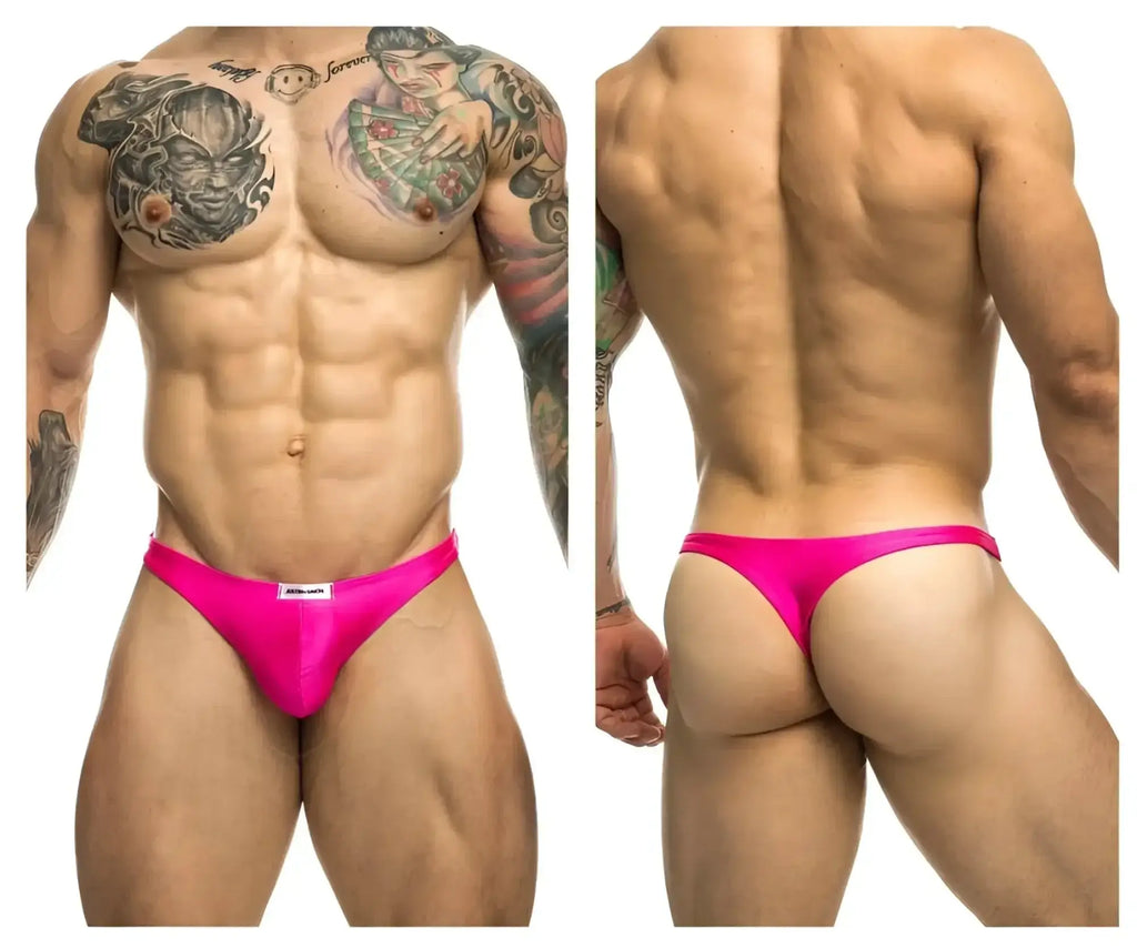 Vibrant fuchsia satin justin simon xsj03 classic thongs with sleek form fitting design and small white brand tag at waistband