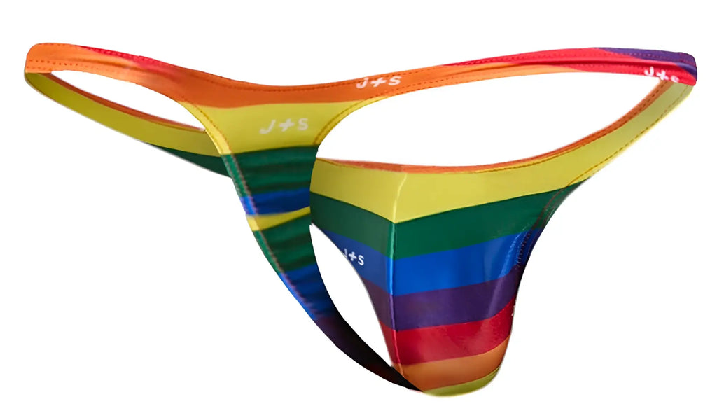 Justin simon xsj03 classic thong in rainbow-striped latex with js branding showing back side view