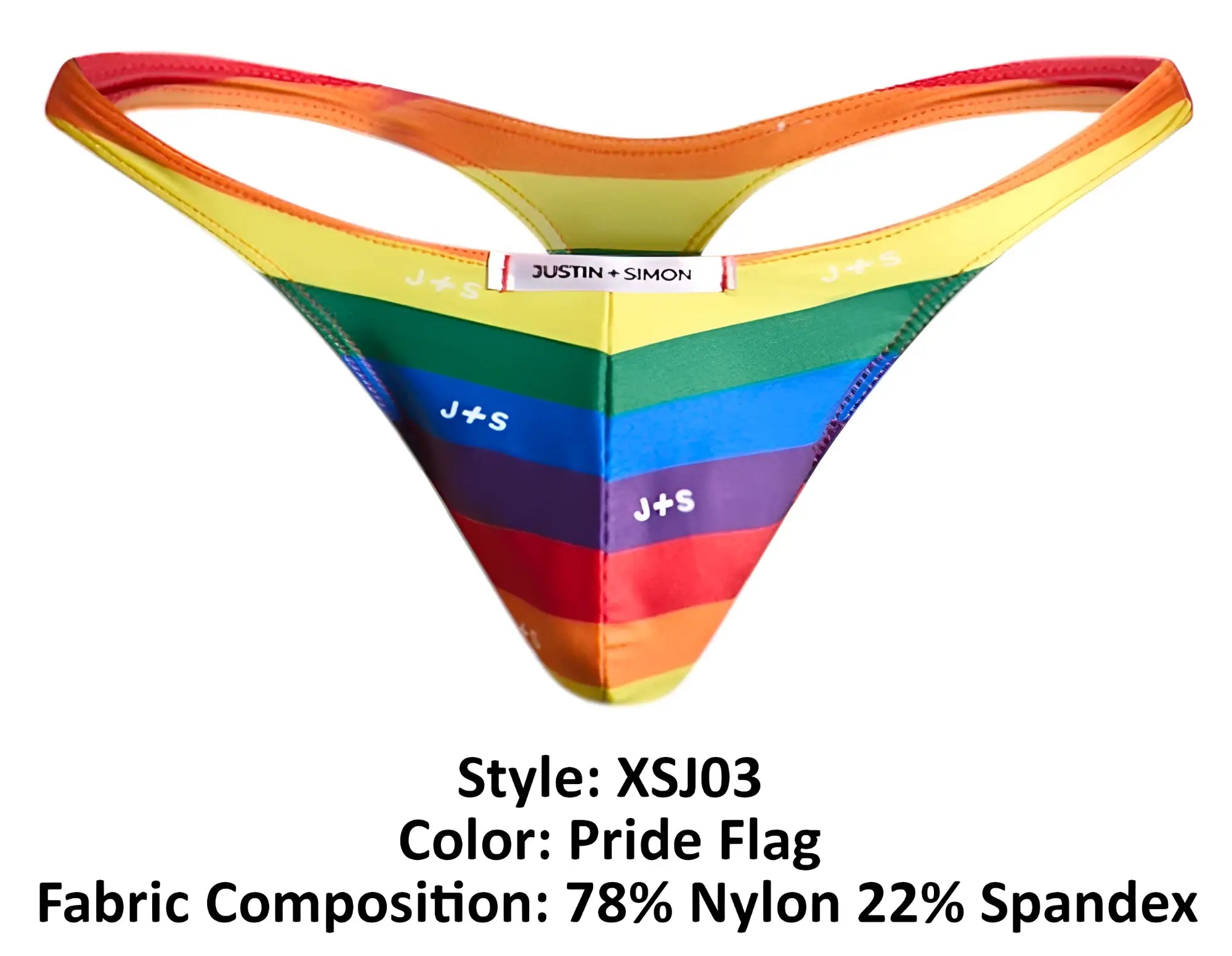 Justin Simon xsj03 classic thong in rainbow pride flag colors made of 78 nylon 22 spandex with j+s branding on front