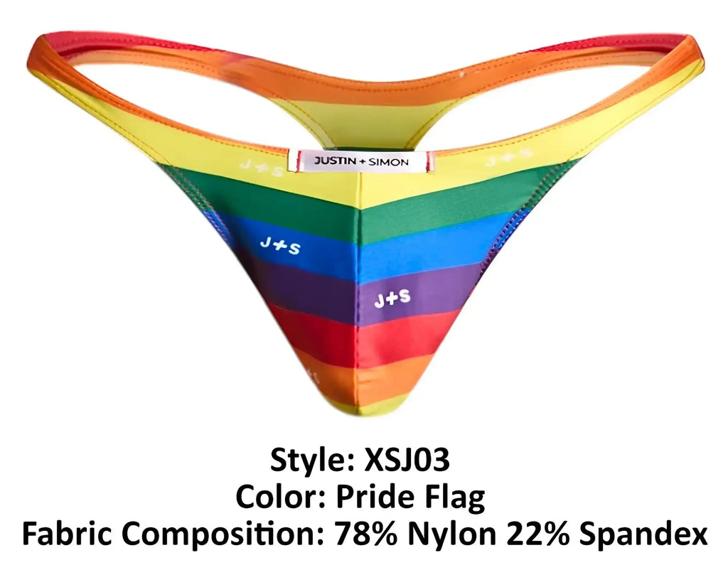 Justin Simon xsj03 classic thong in rainbow pride flag colors made of 78 nylon 22 spandex with j+s branding on front