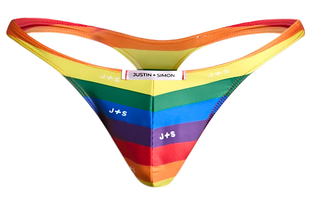 Rainbow-striped thong by justin and simon with vibrant horizontal bands of pride flag colors in classic xsj03 style