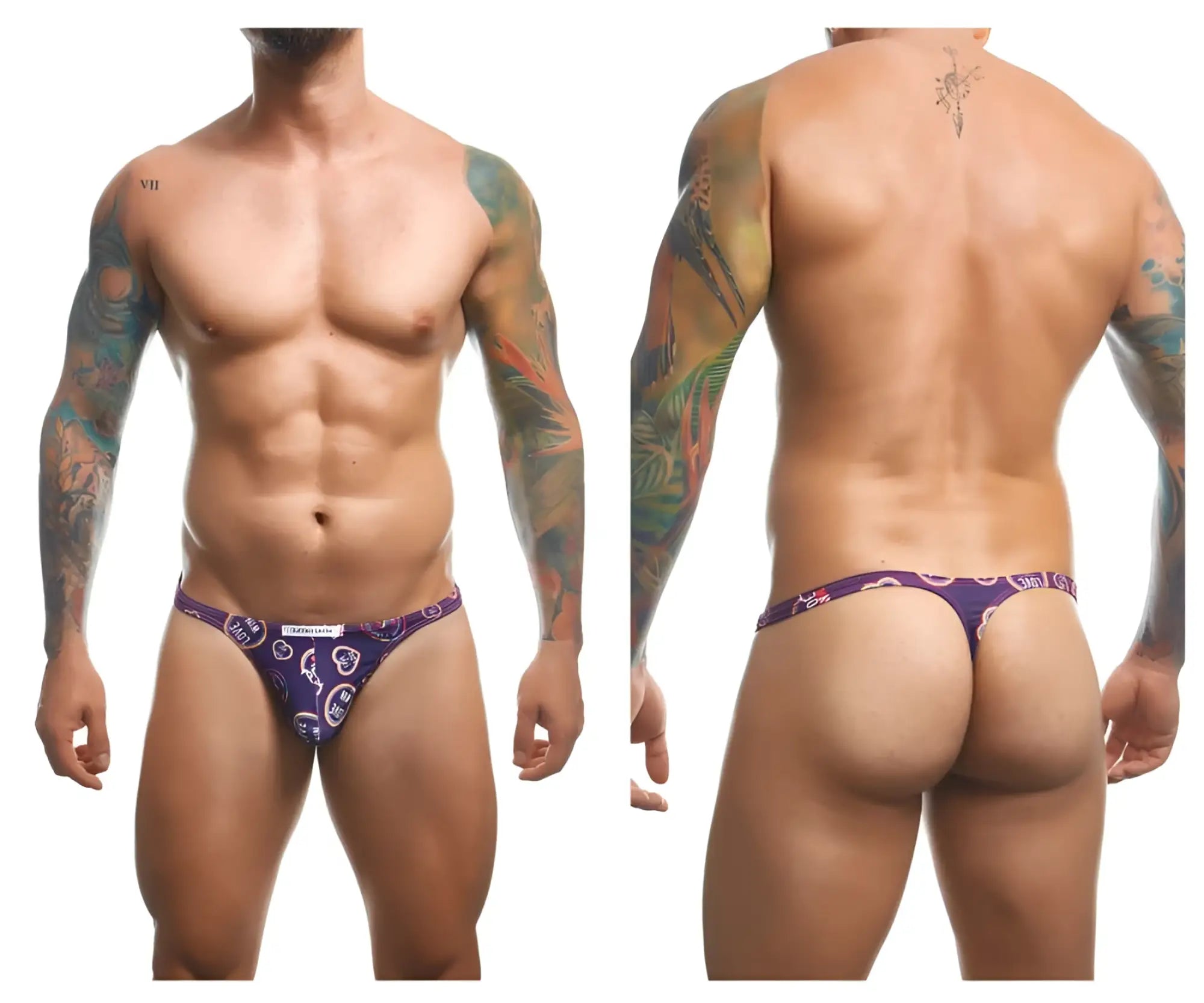 Purple patterned classic thong with white logo and design from JUSTIN+SIMON XSJ03 Color Pride collection