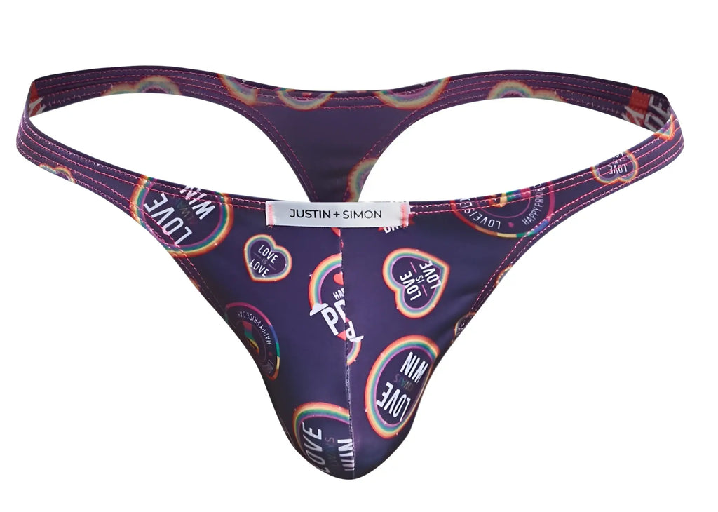 Purple classic thong with rainbow love heart designs and white justin plus simon brand tag in color pride style