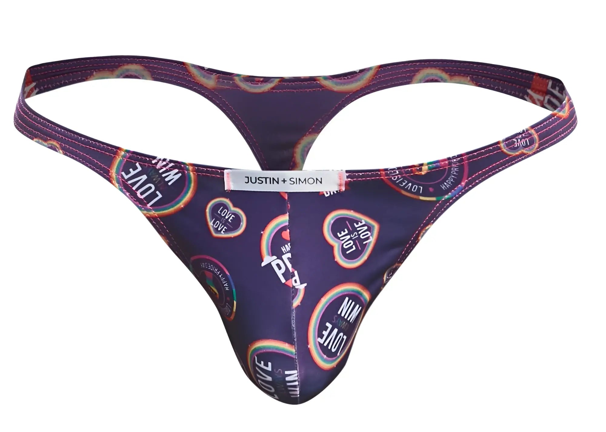 Purple classic thong with rainbow love heart designs and white justin plus simon brand tag in color pride style
