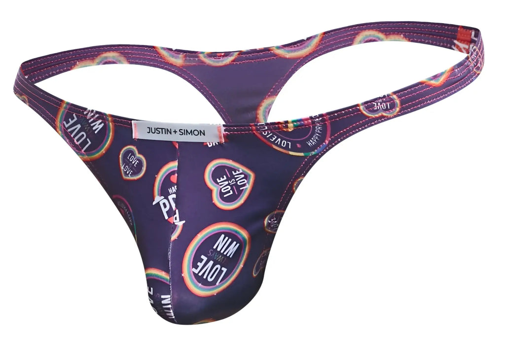 Purple classic thong from Justin plus Simon with rainbow love heart designs and white brand tag XSJ03 color pride model