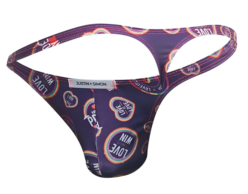 Purple thong with vibrant rainbow love text pattern and justin simon label from justin simon xsj03 classic thongs color pride