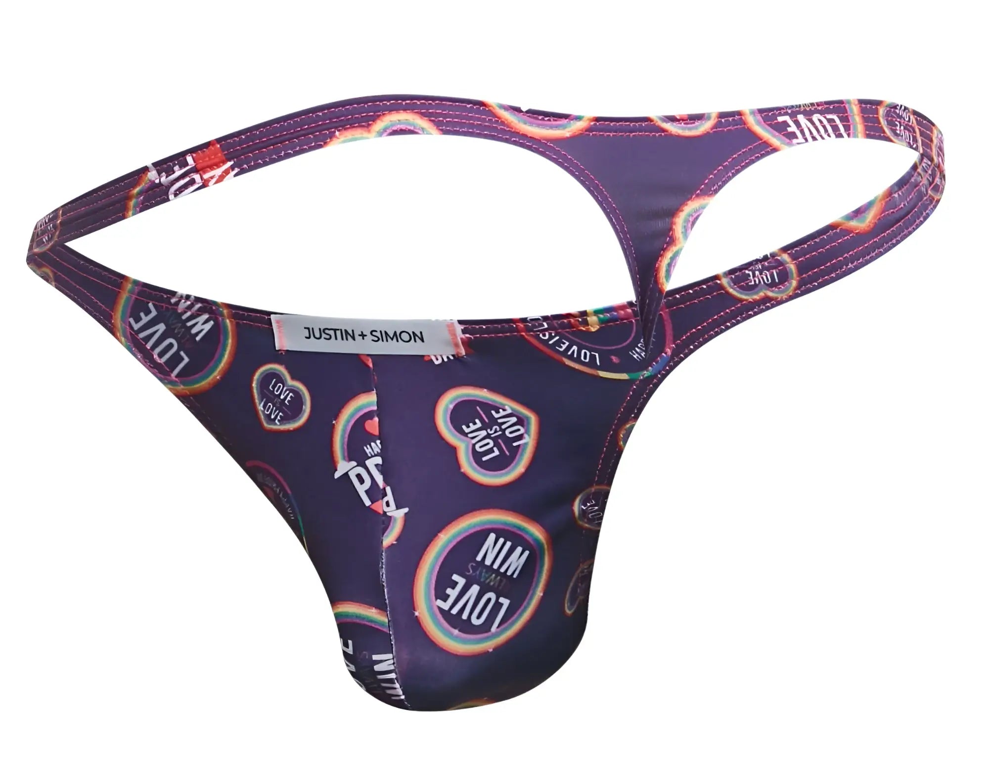 Purple thong with vibrant rainbow love text pattern and justin simon label from justin simon xsj03 classic thongs color pride