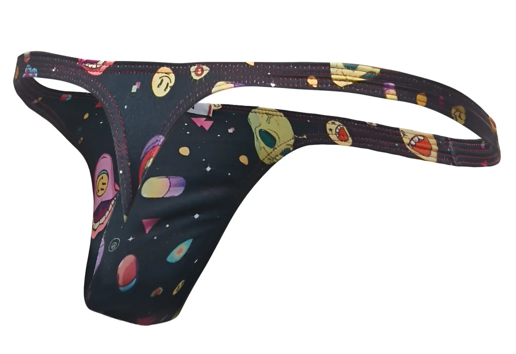 Justin simon xsj03 classic black thong with colorful cartoon skulls planets and stars cosmic psychedelic design