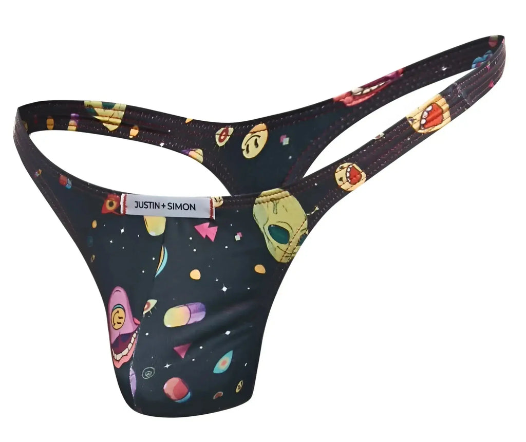 Black thong from justin simon xsj03 classic thongs with vibrant space-themed print of cartoon aliens planets and shapes