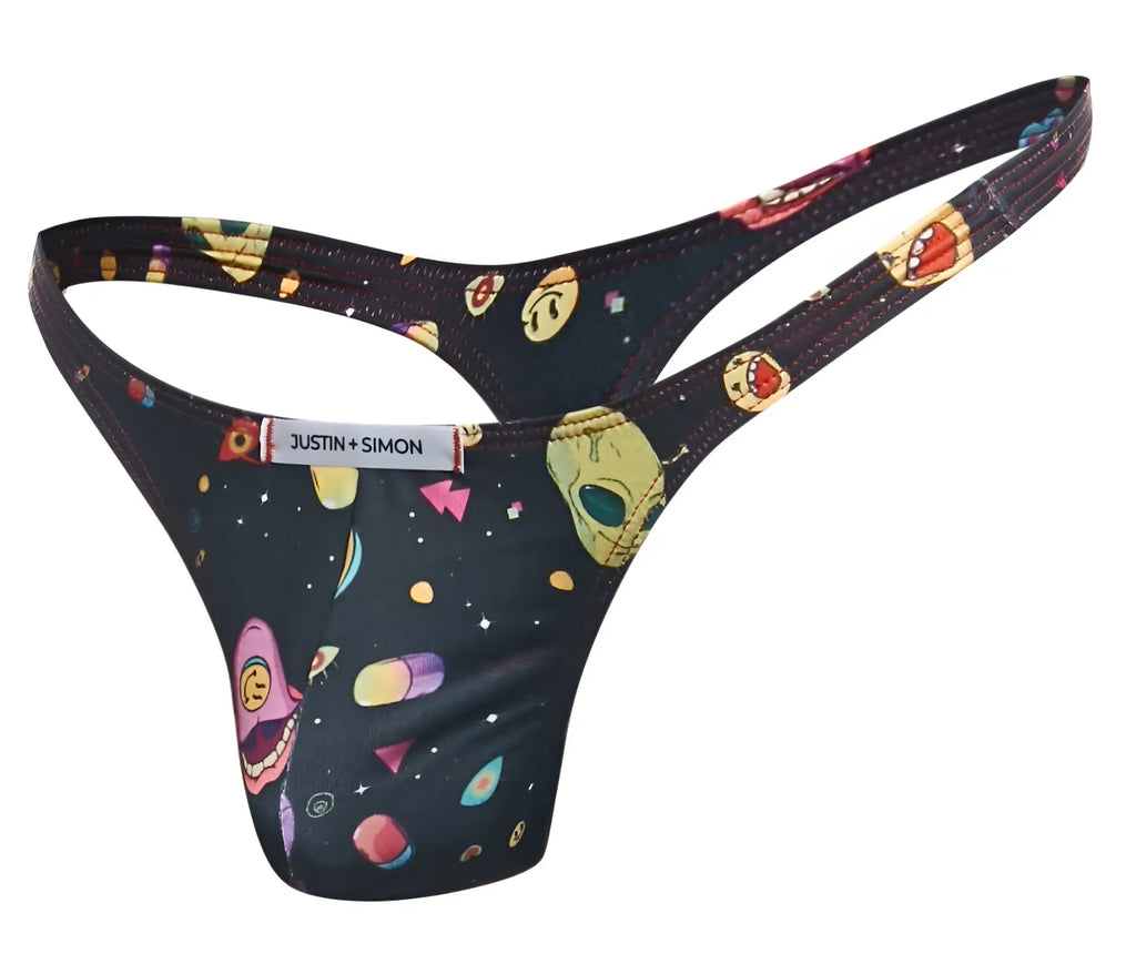 Black thong from justin simon xsj03 classic thongs with vibrant space-themed print of cartoon aliens planets and shapes
