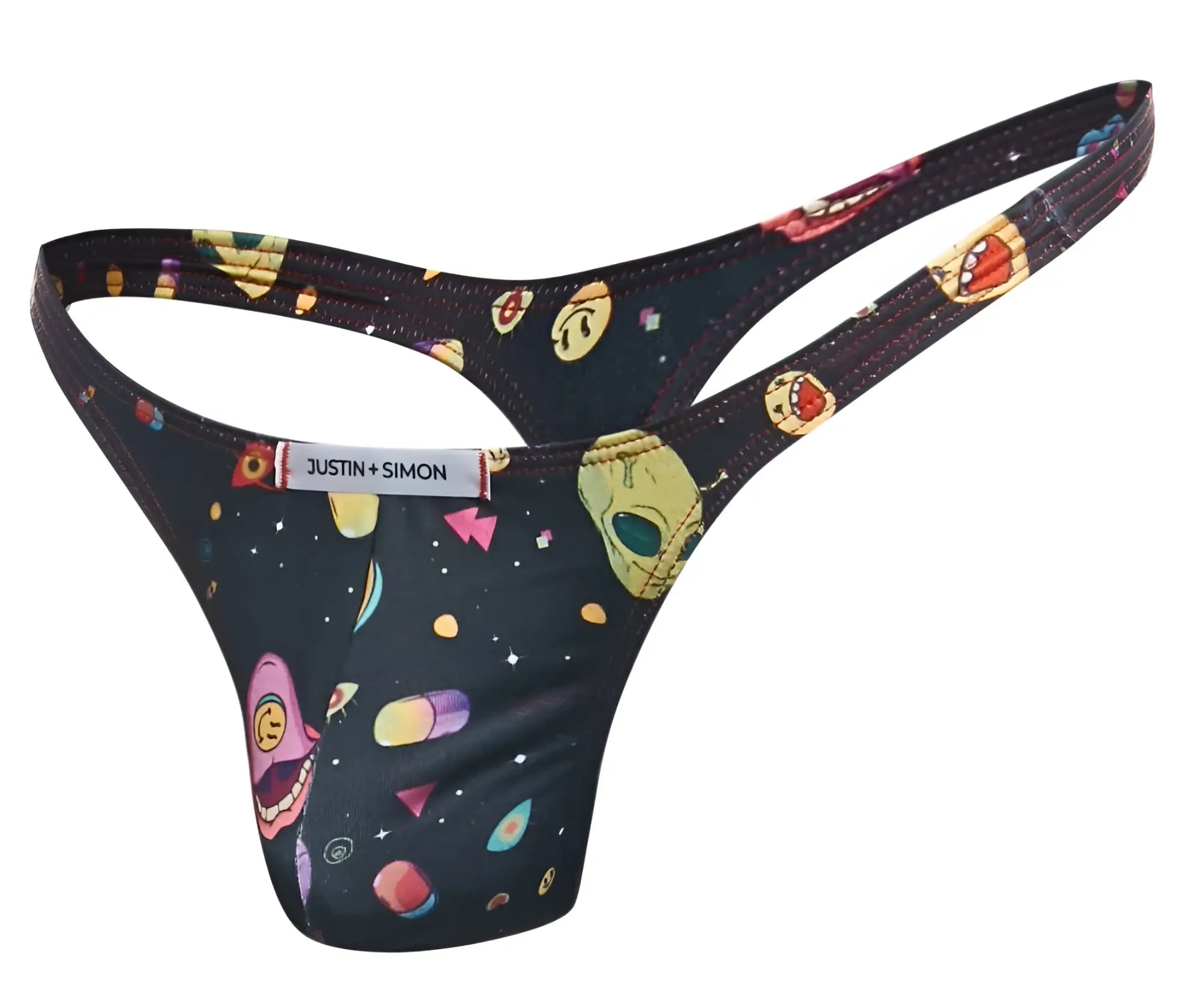 Black thong from justin simon xsj03 classic thongs with vibrant space-themed print of cartoon aliens planets and shapes