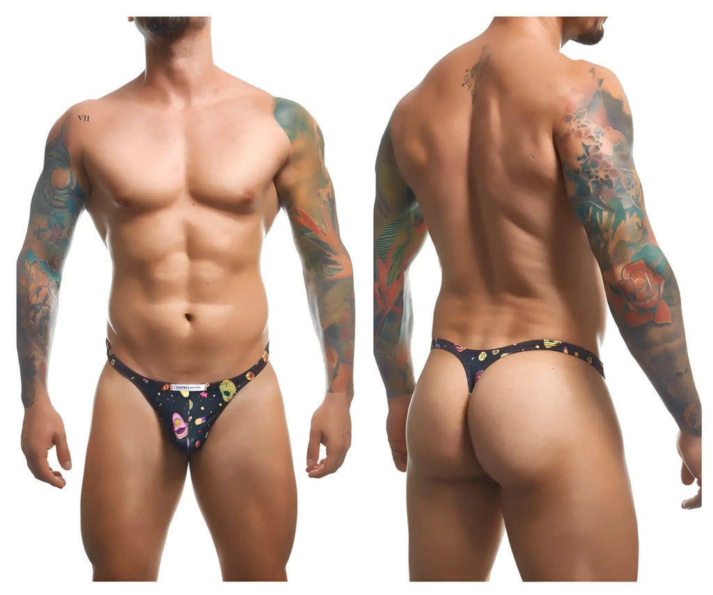 Justin Simon XSJ03 classic dark blue thong with vibrant space themed planets stars and colorful cosmic pattern