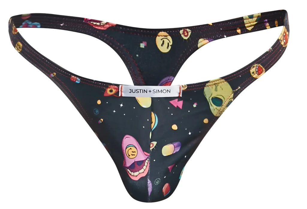 Justin simon xsj03 classic thong with dark space print featuring colorful cartoon skulls planets and stars on stretchy fabric