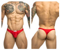 Red athletic briefs with a white justin simon brand tag at the waistband in classic thongs xsj03 style