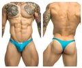 Bright turquoise blue justin simon xsj03 classic thongs with a small white brand tag at the waistband