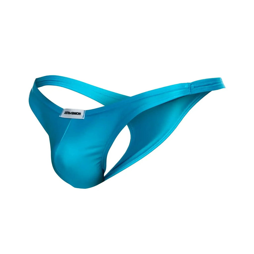 Bright turquoise justin+simon xsj03 classic thong made of smooth stretchy fabric with a sleek design and brand tag