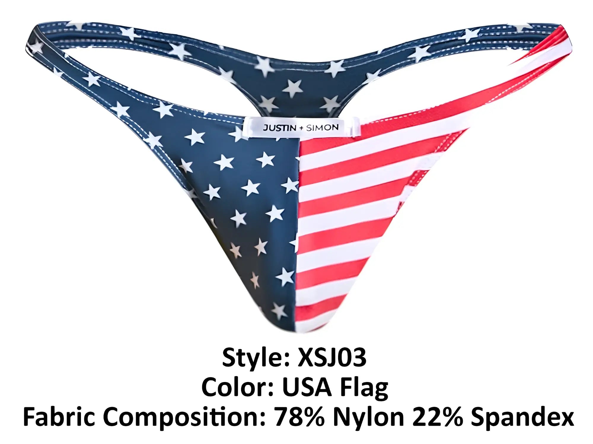 Justin plus Simon XSJ03 classic thong in blue and red usa flag pattern made of 78 nylon 22 spandex shown from back