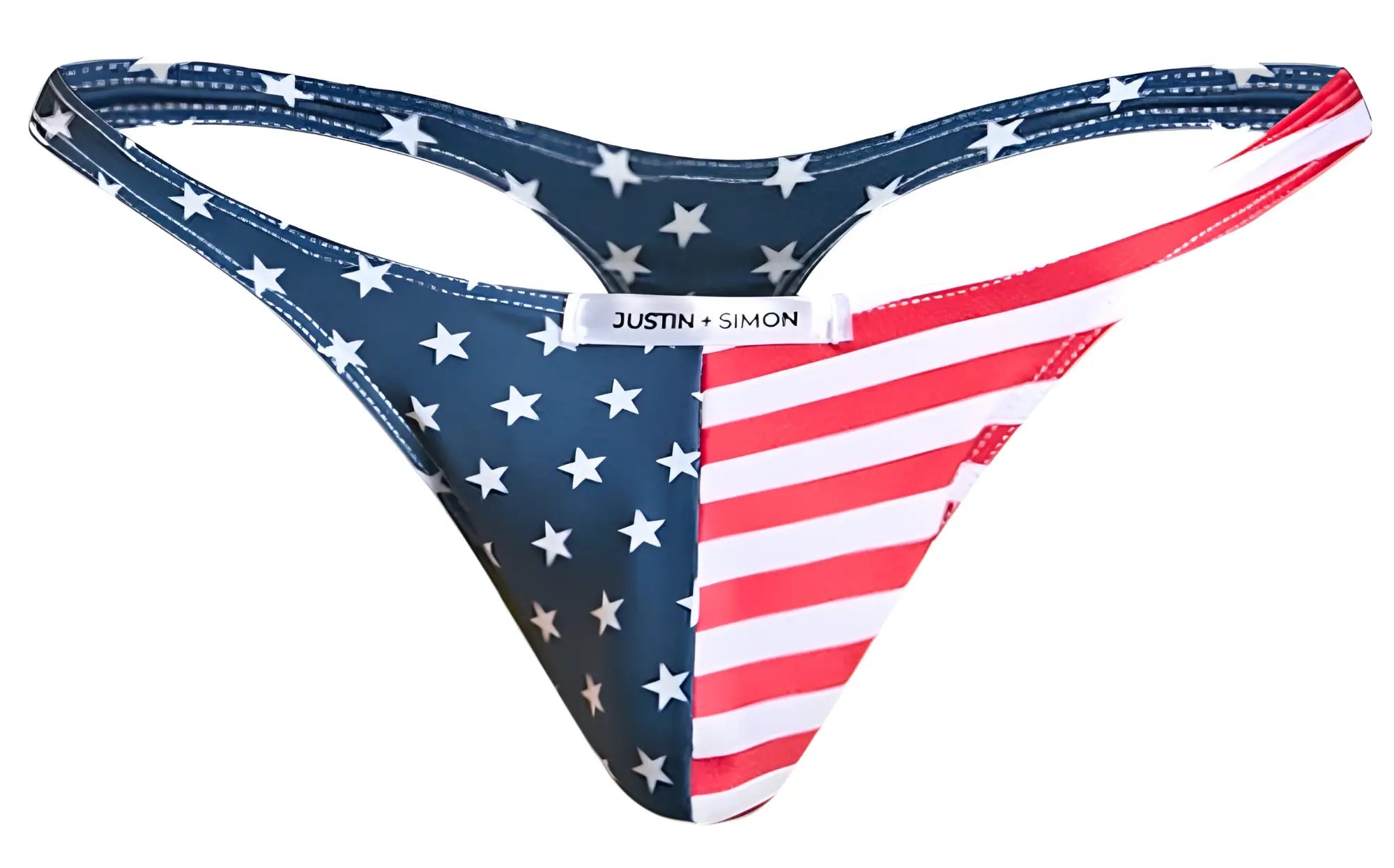 Blue and red american flag-themed thong with white stars by justin plus simon from the classic thongs usa collection