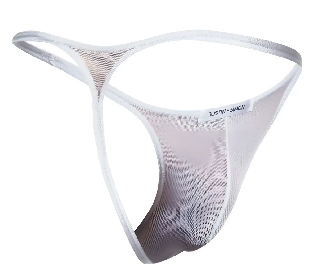 White mesh thong by justin simon showcasing classic design in white breathable mesh material front view