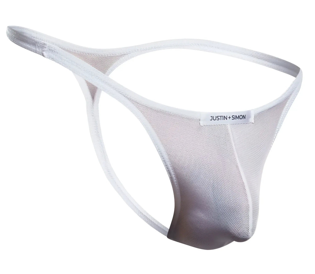 White mesh thong with subtle gradient and justin simon label on waistband from justin simon xsj03 classic thongs