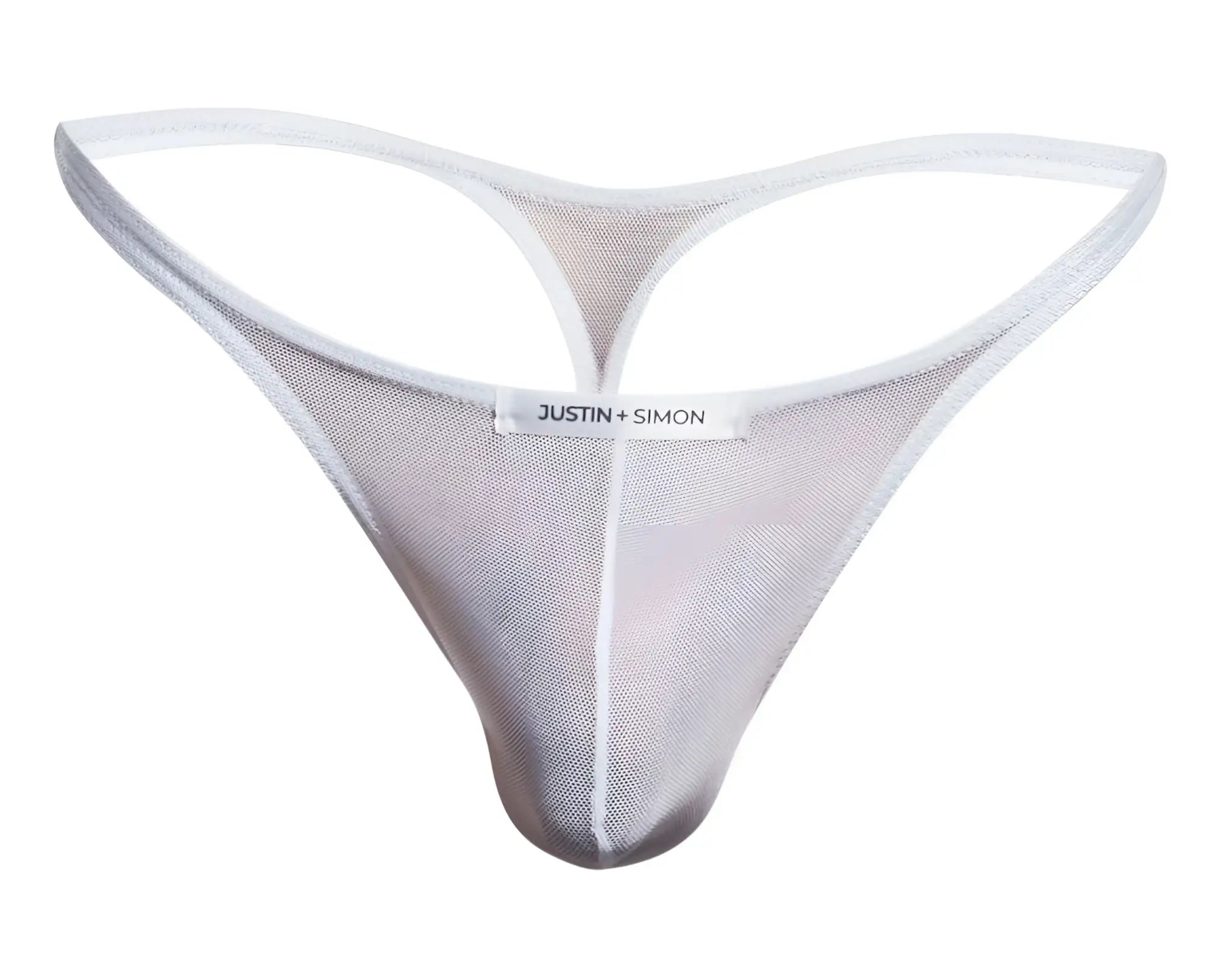 Transparent silver mesh thong with white trim and justin plus simon brand label in white mesh classic thongs