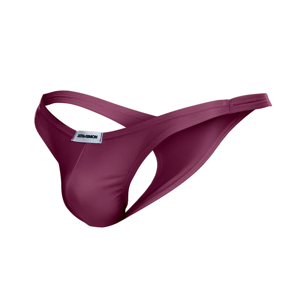 A maroon smooth-textured thong with sleek design and adjustable straps from Justin Simon classic thongs wine color