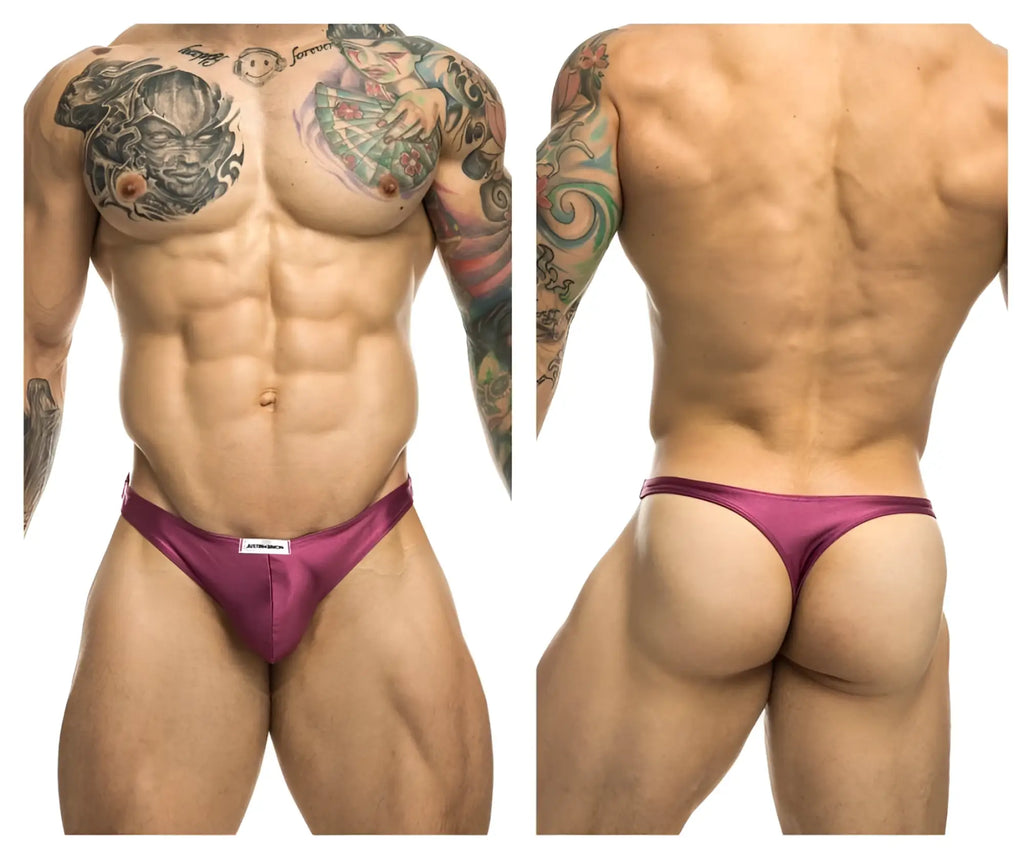 Justin simon xsj03 classic wine satin briefs with a small white brand tag at the waistband