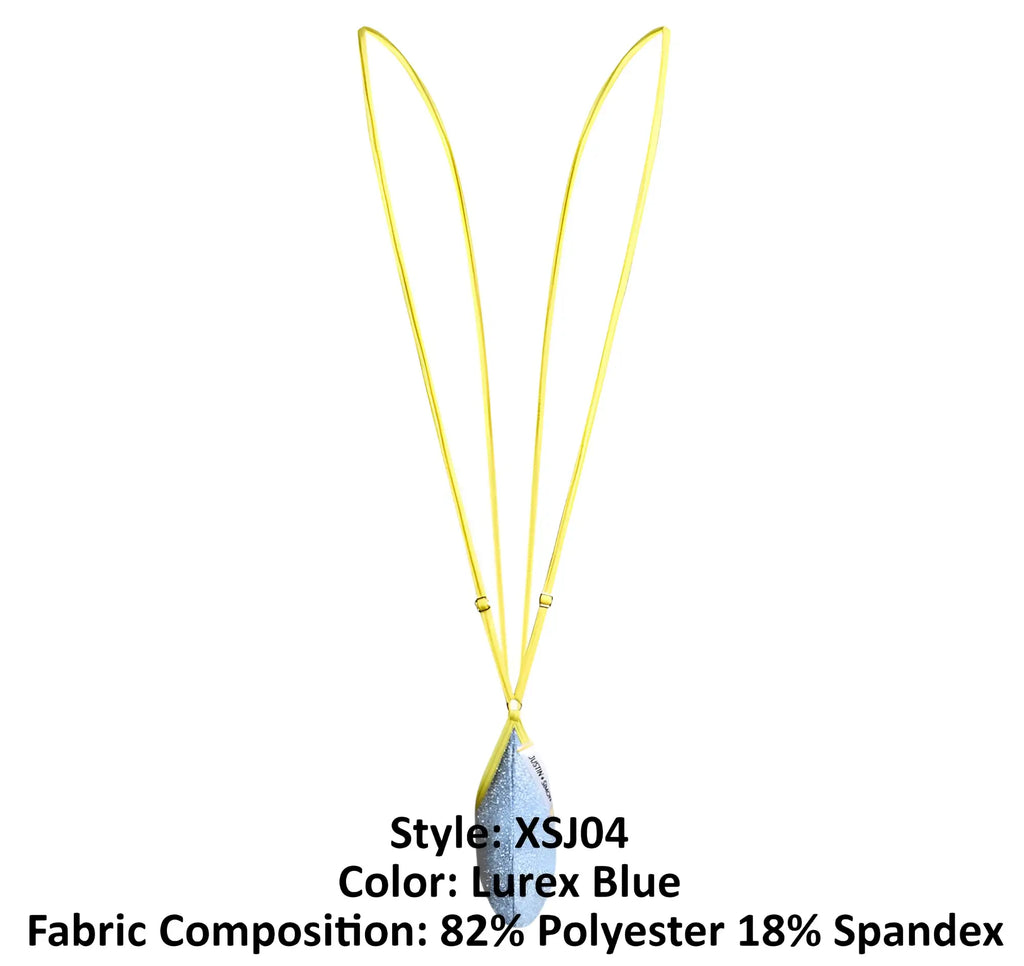 A shimmering lurex blue feather-shaped pendant on a bright yellow cord from justin simon xsj04 sling color collection