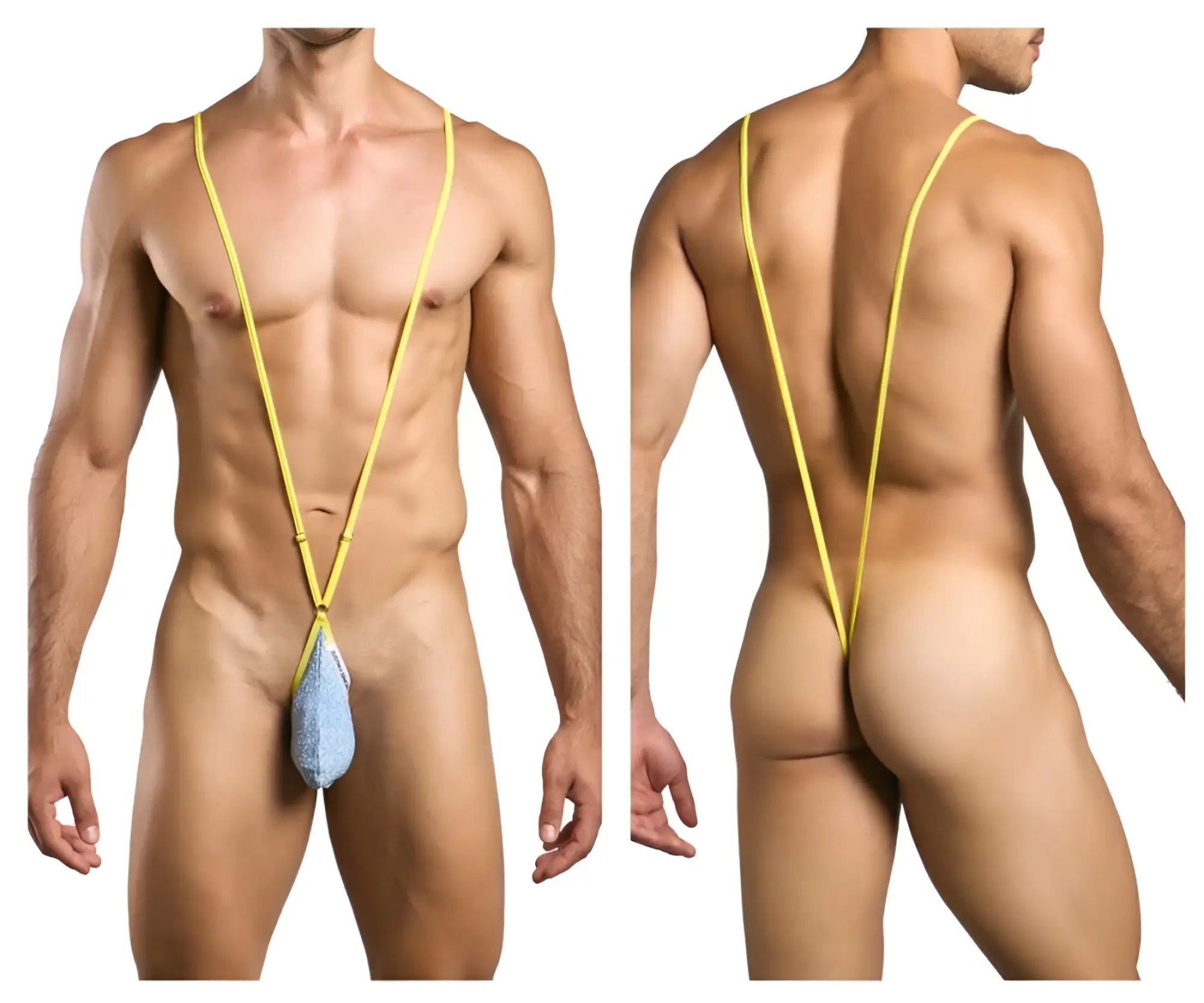 Yellow stringed men’s swimwear with blue textured lurex pouch at front by justin+simon xsj04 sling color lurex blue