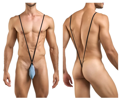 Light blue thin-strapped men’s thong with small front pouch in justin simon xsj04 sling color metal green