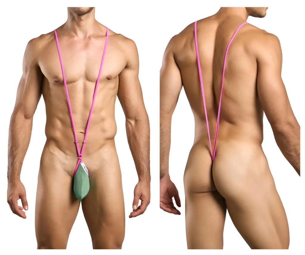 Pink stringed men’s briefs with a green front pouch from JUSTIN+SIMON XSJ04 sling color new green collection