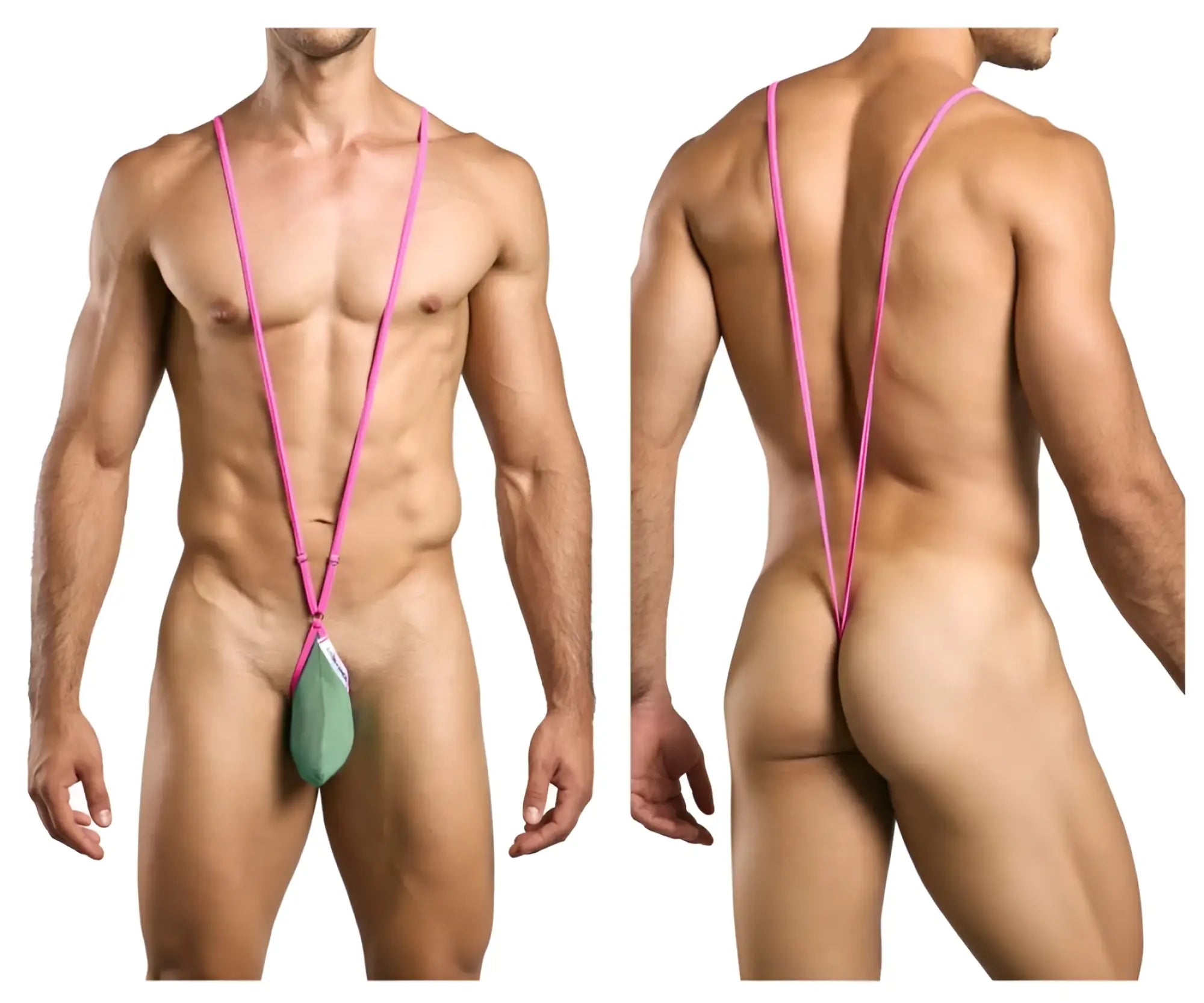 Pink stringed men’s briefs with a green front pouch from JUSTIN+SIMON XSJ04 sling color new green collection