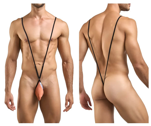 Black stringed men’s thong with peach pouch and white front tag in justin simon xsj04 sling color ochre