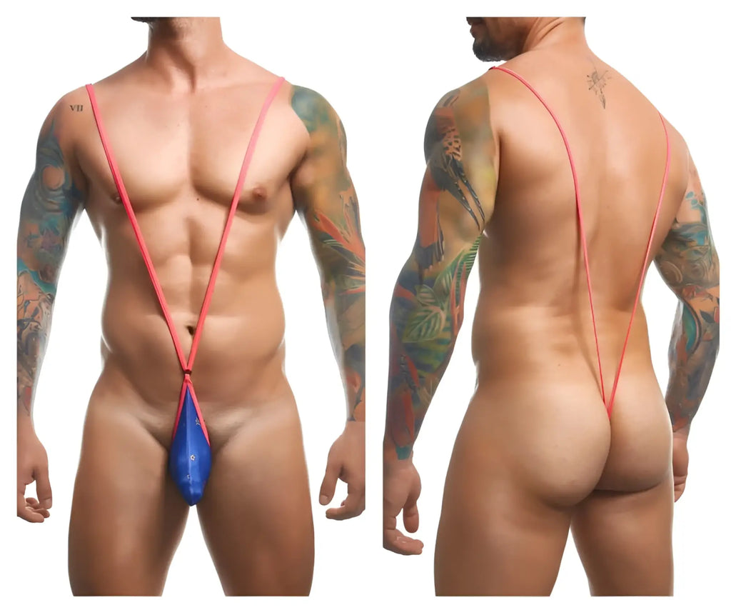 Blue nylon string bikini with pink straps from justin+simon xsj04 sling color party collection front view