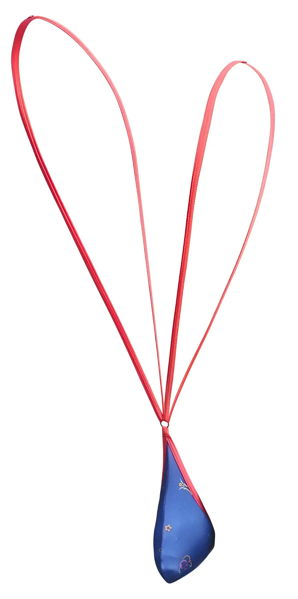 A vibrant red ribbon heart loop attached to a glossy blue teardrop pendant with stars on the justin simon xsj04 sling color party