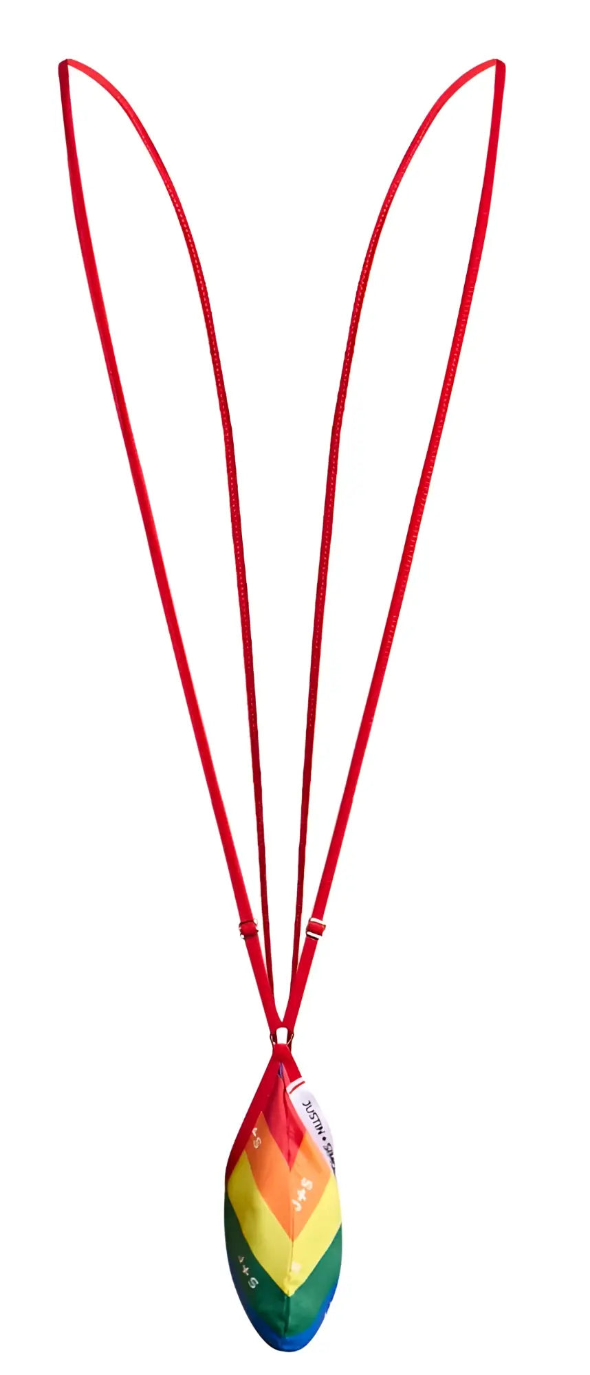 Rainbow-colored feather-shaped pendant on red cord from justin simon xsj04 sling color pride flag collection