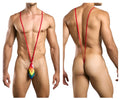 Red stringed rainbow-colored men’s thong with triangular multi-hued design justin simon xsj04 sling color pride flag