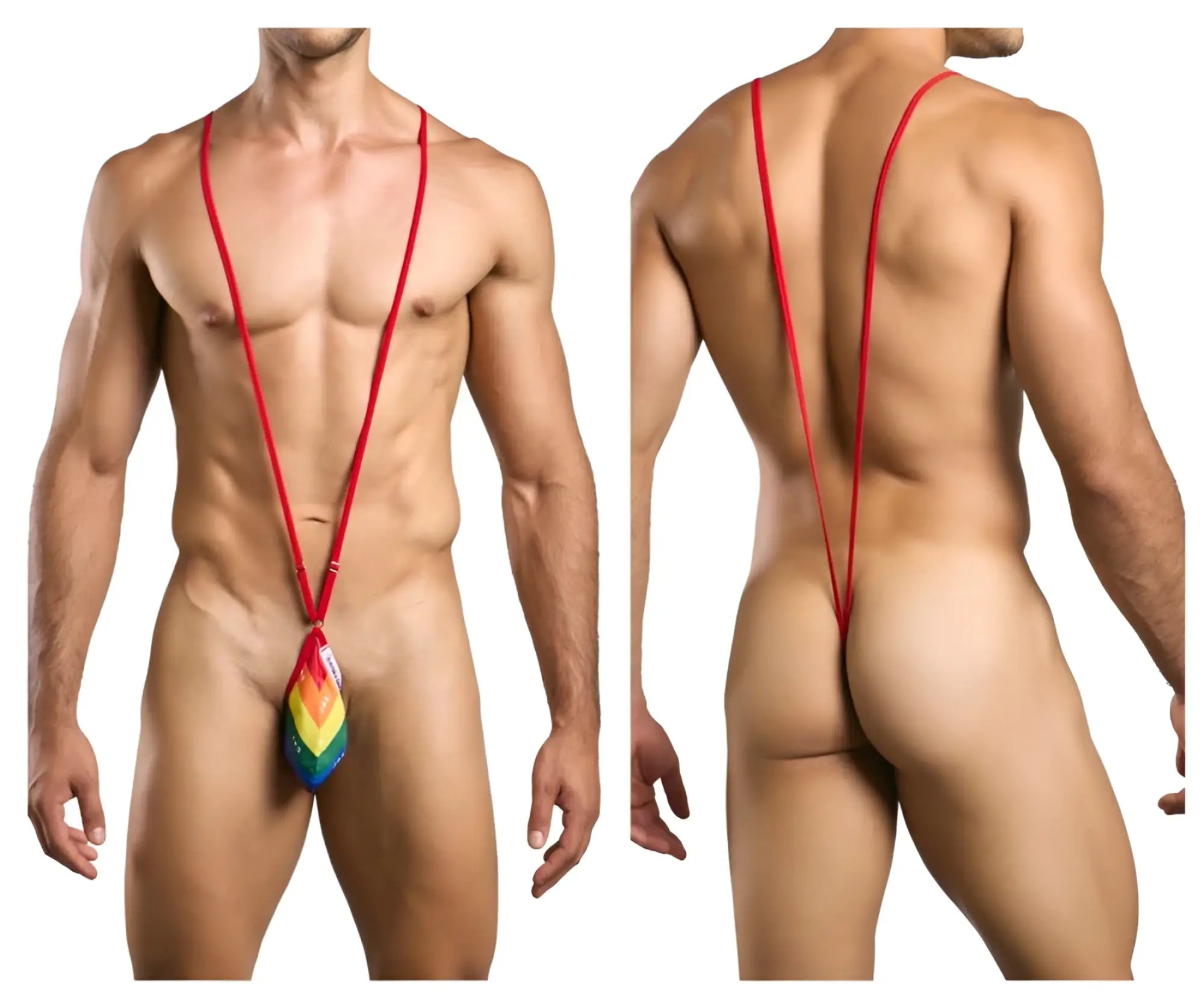 Red stringed rainbow-colored men’s thong with triangular multi-hued design justin simon xsj04 sling color pride flag