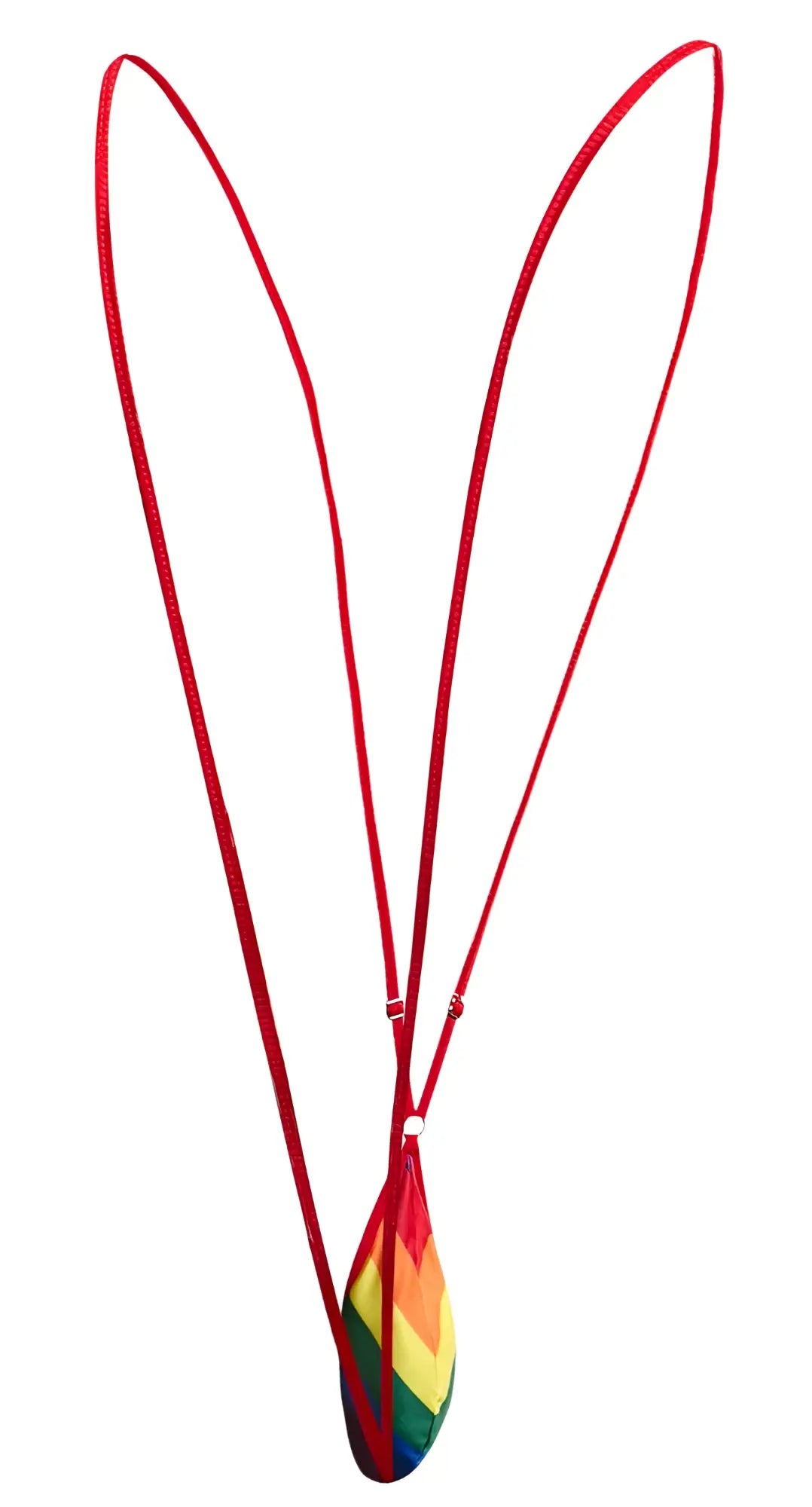 A vibrant rainbow-colored teardrop pendant from justin simon xsj04 sling color pride flag on a red cord