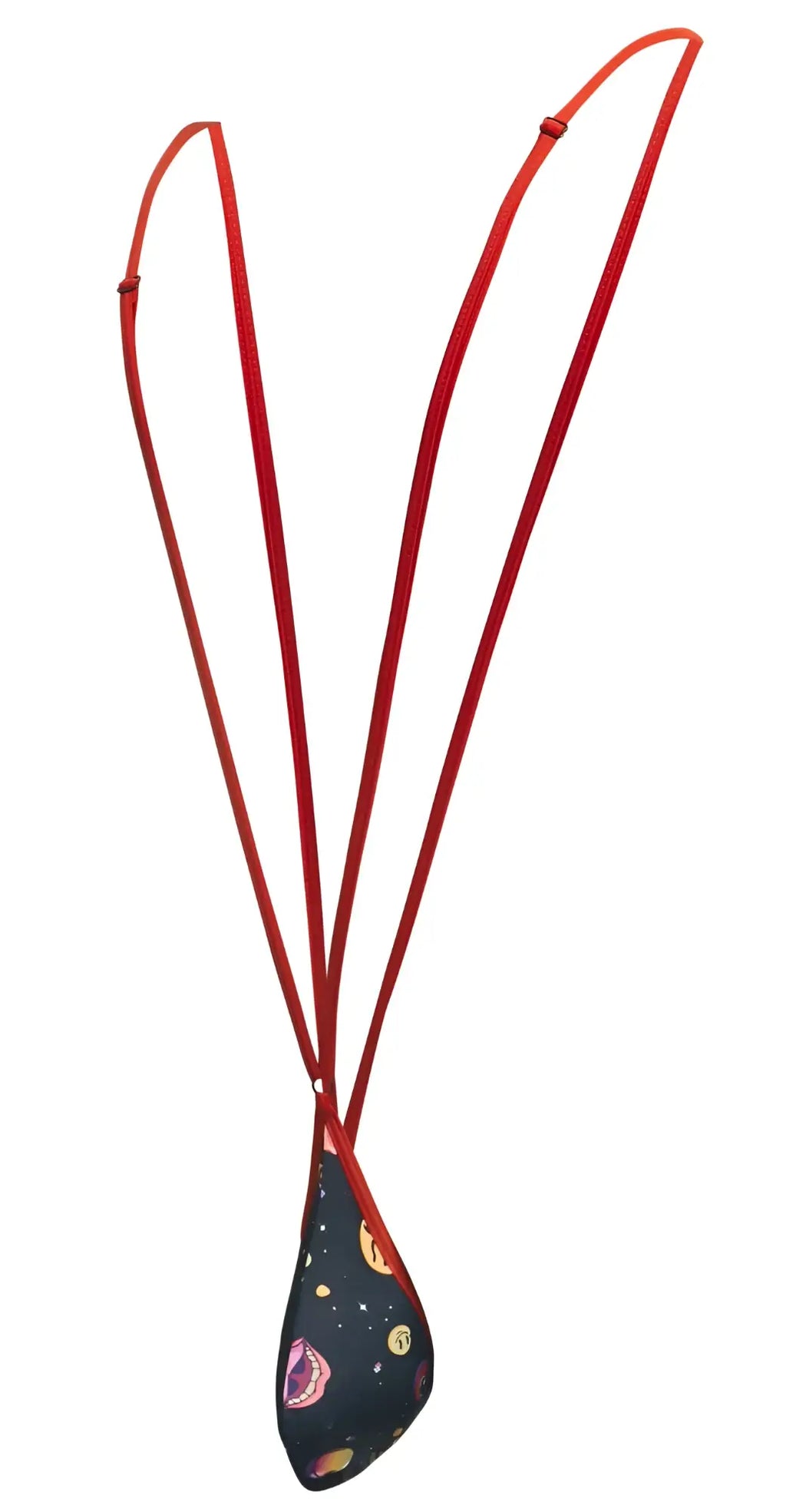 Red corded necklace with dark teardrop pendant featuring colorful cosmic patterns from Justin Simon XSJ04 Sling Color Psycodelic